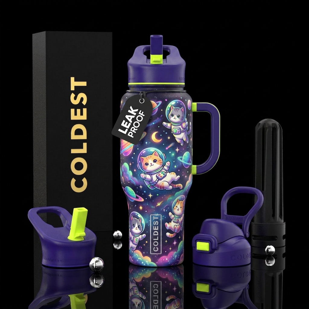 Cute chubby astronaut cats floating through deep s... water bottle design