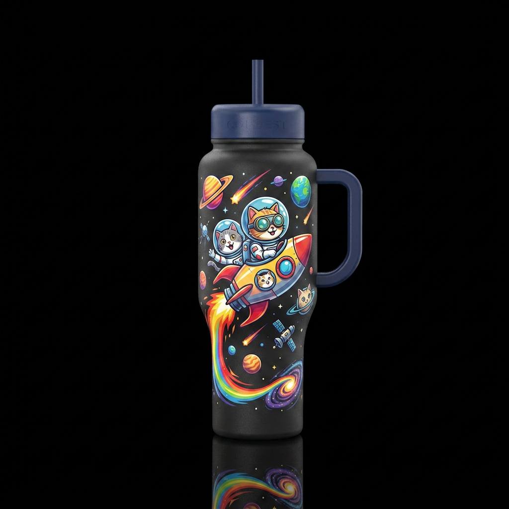 Three adventurous cartoon cats riding a retro rock... water bottle design