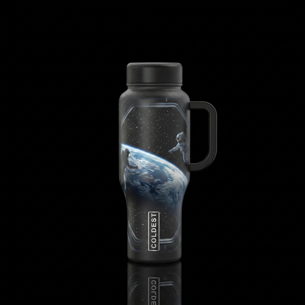 The water bottle rests on a sleek metallic table i... water bottle design