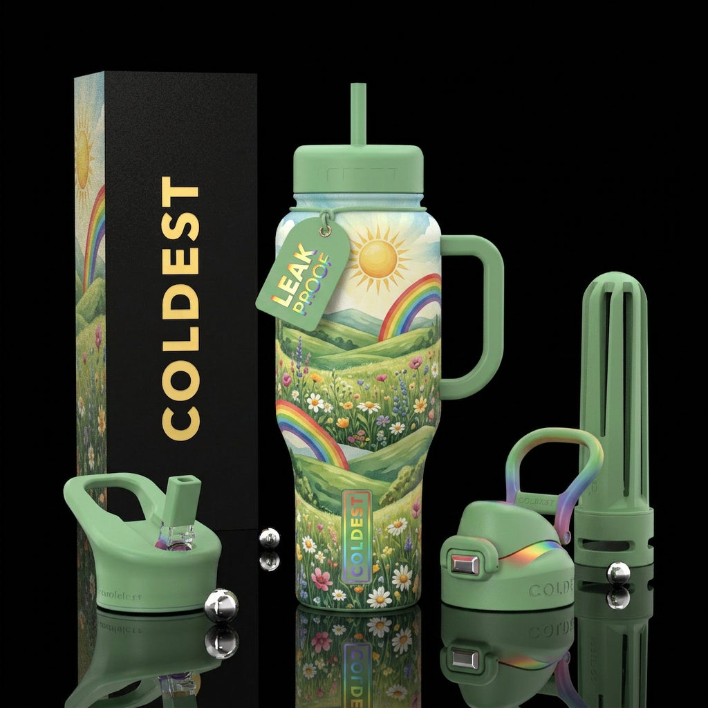 sunshine, rainbows, meadows water bottle design