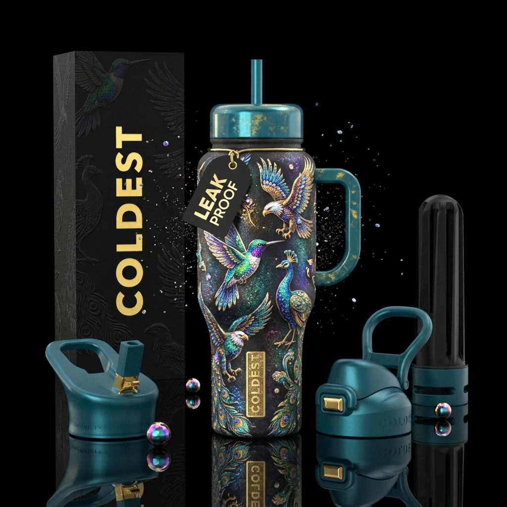sparkly, luxurious, birds, irridescent, shiny, art... water bottle design
