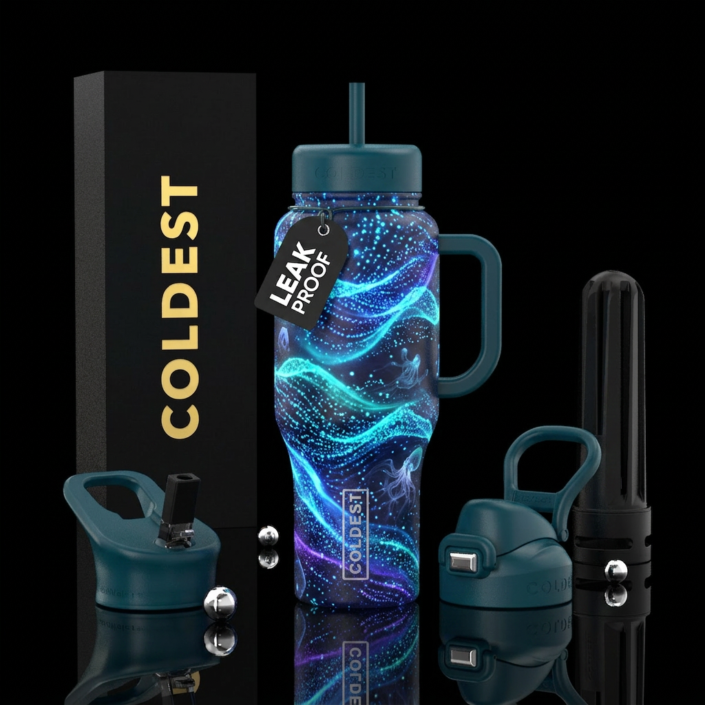 a glowing bioluminescent ocean design. The surface... water bottle design