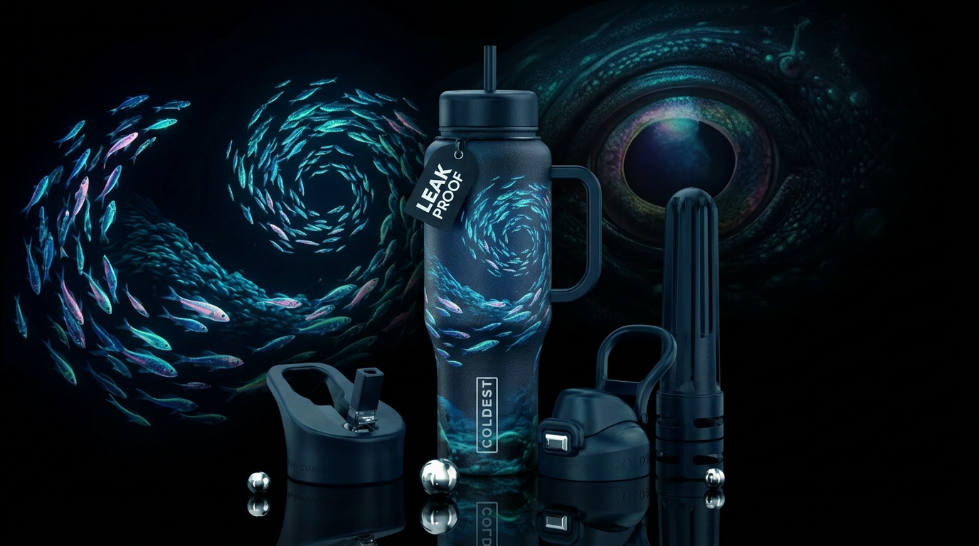 The bottle sits on the seafloor, upright and untou... water bottle design