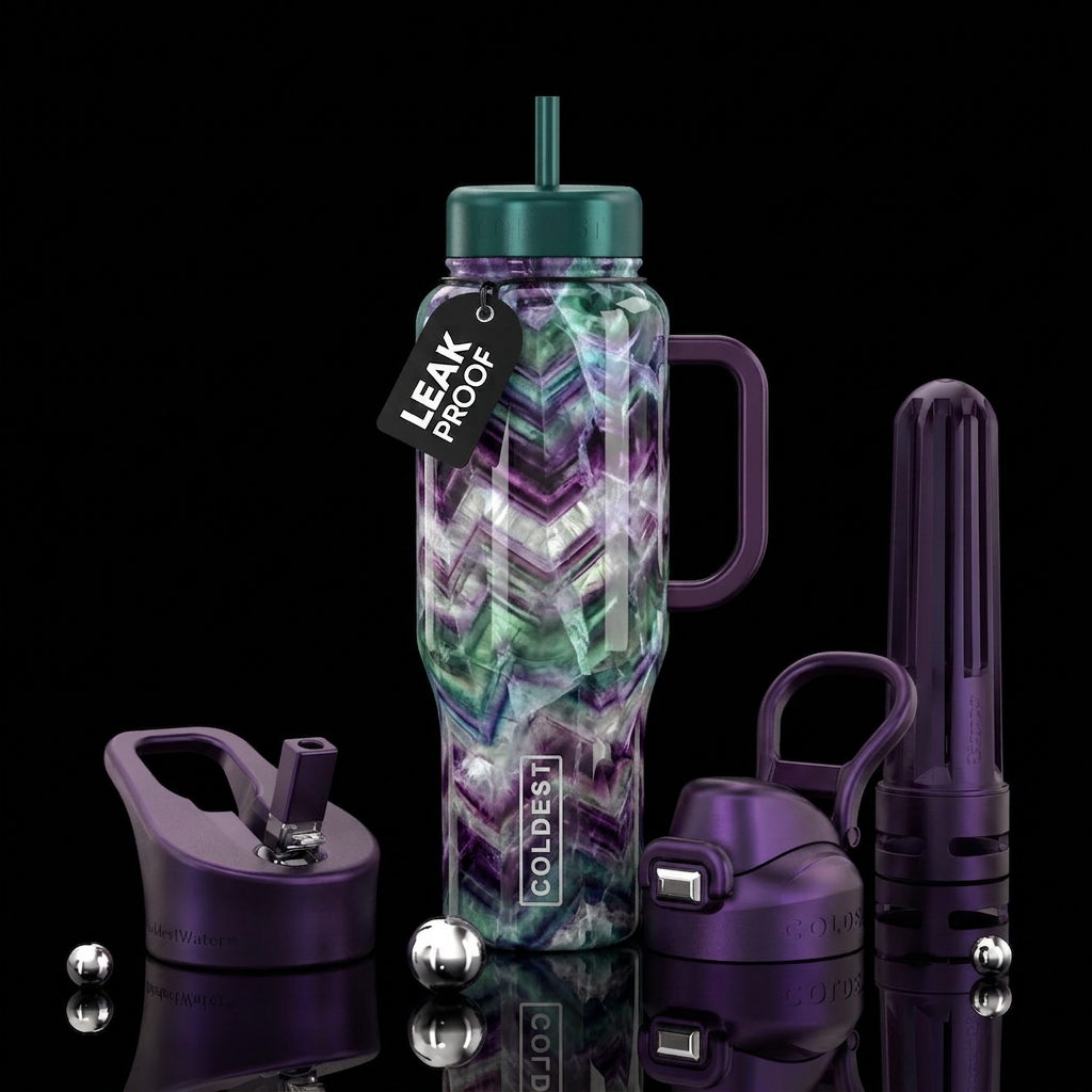 Multicolor fluorite crystal water bottle design