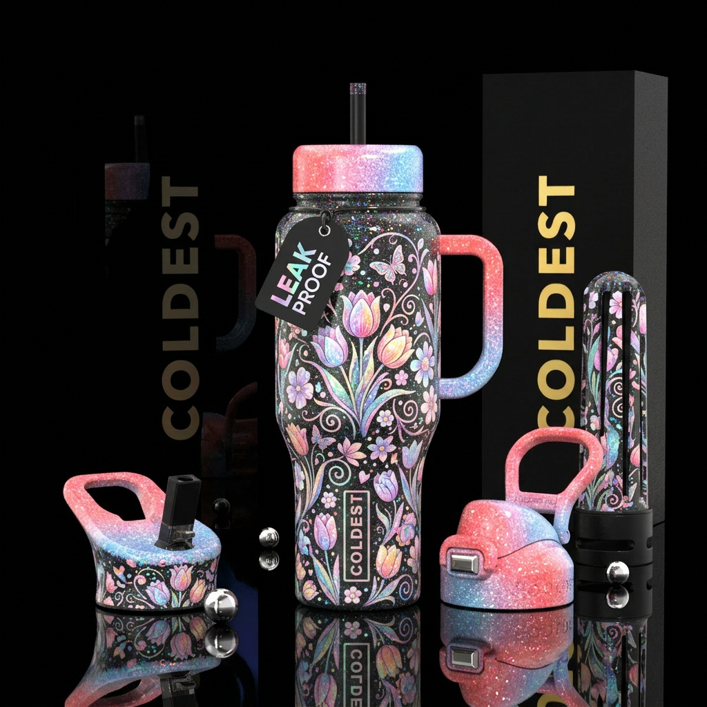 Pastel Glitter inlay, tulips, and flowers fill the... water bottle design