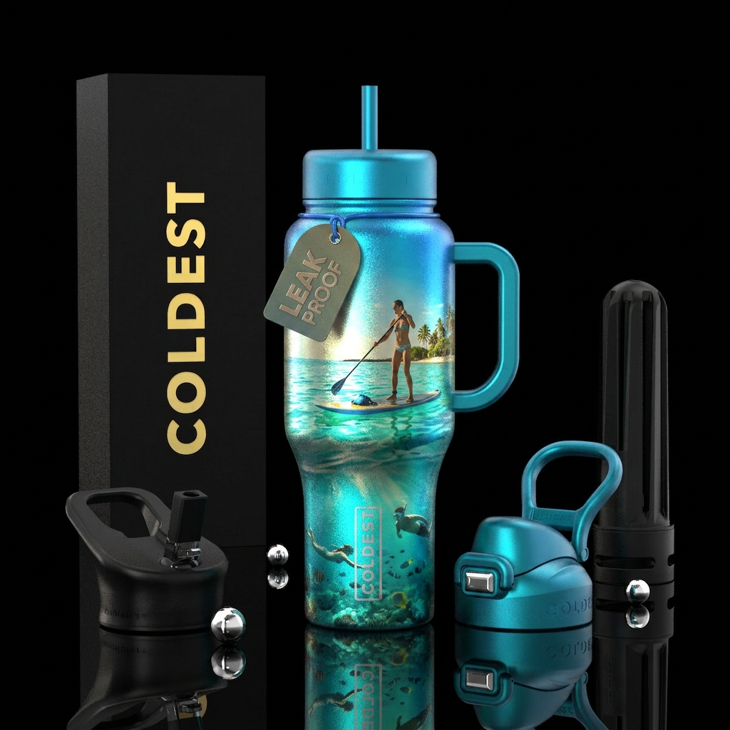 paddleboarding, metallic, swimming, realistic water bottle design