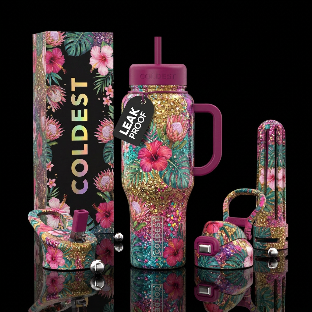 Glitters, summer, floral water bottle design