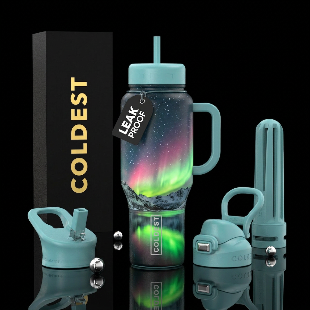 a view of the northern lights visible through the ... water bottle design