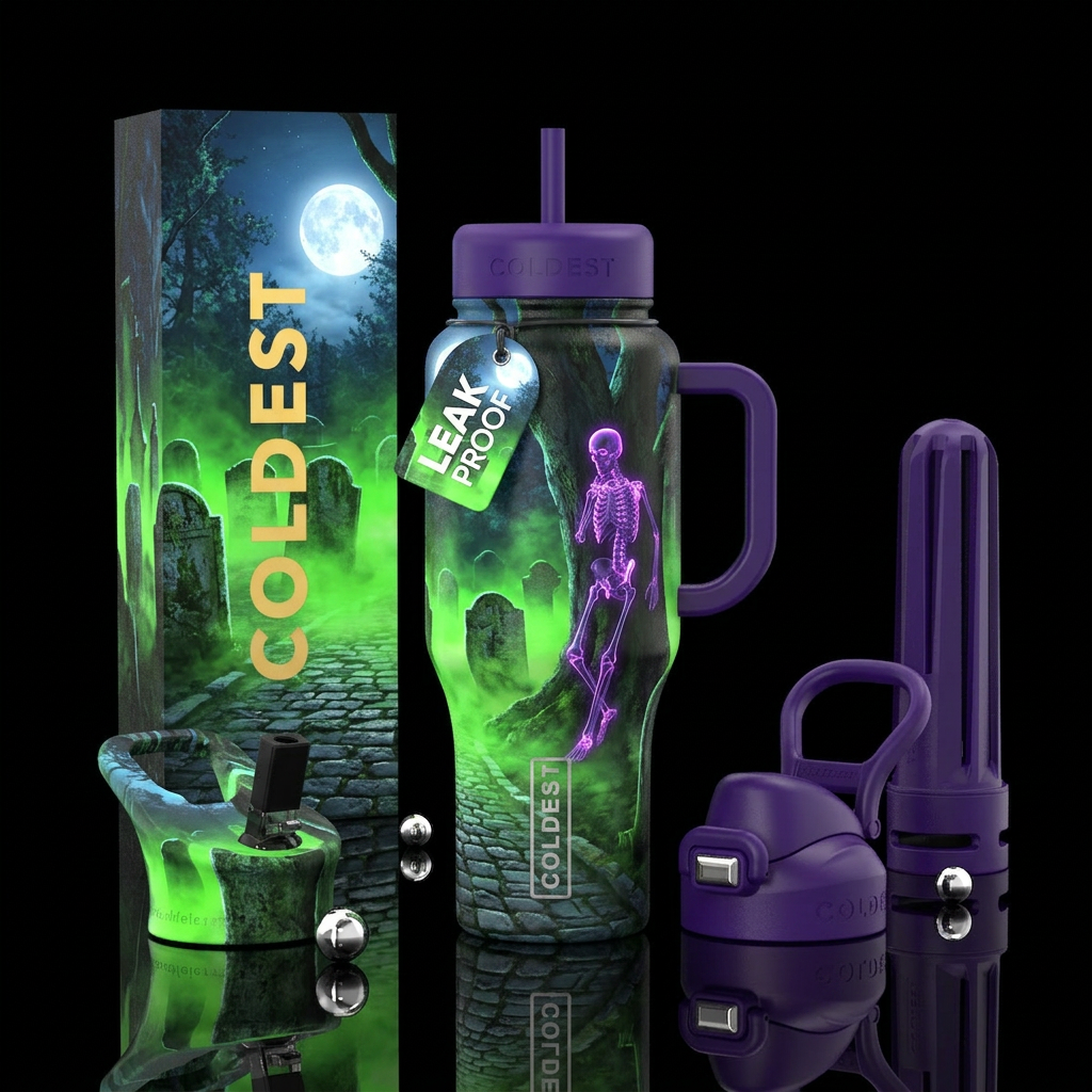 cemetery at midnight with neon green fog drifting ... water bottle design