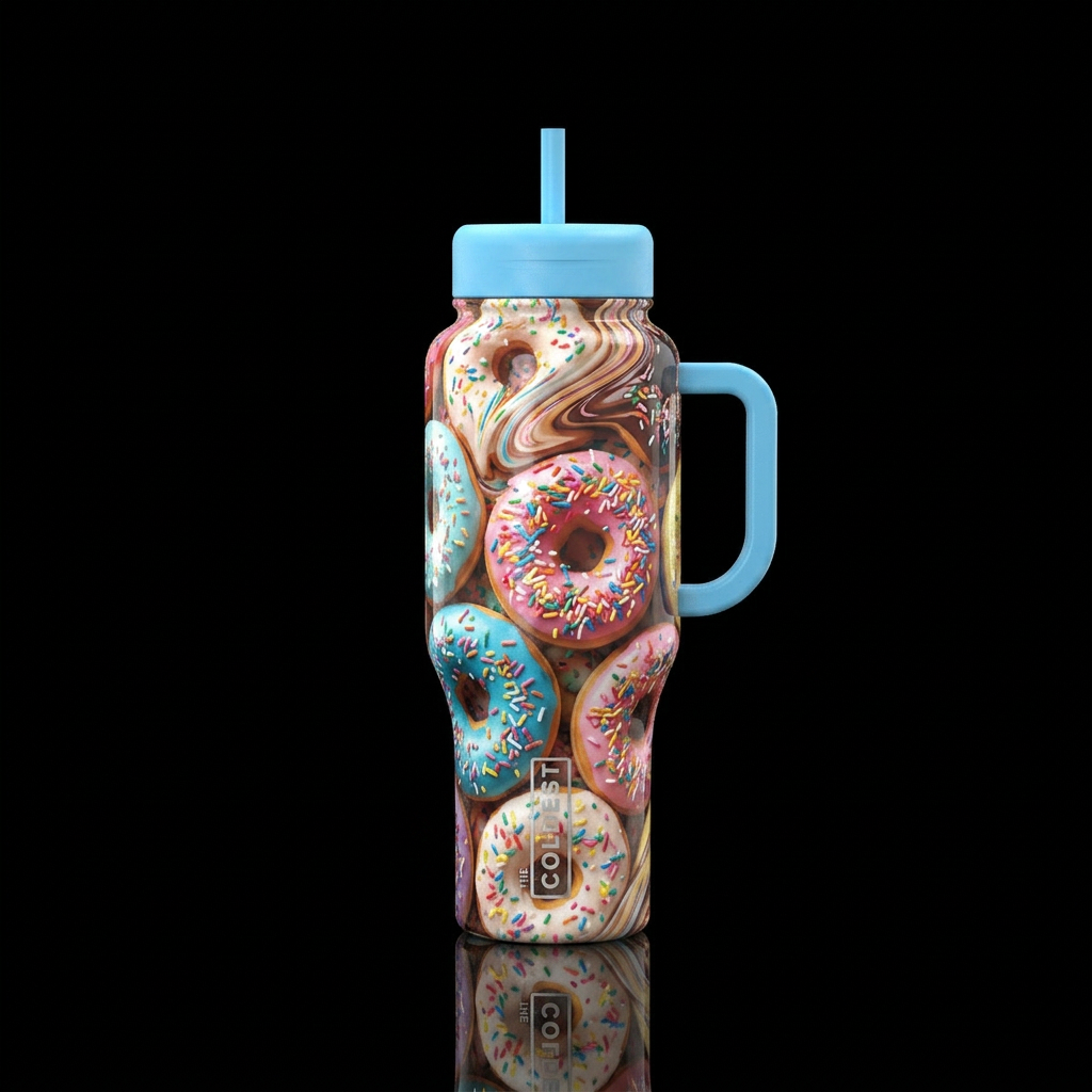 donut, rainbow, sprinkles, light blue lid and hand... water bottle design