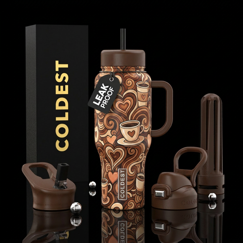 Cute coffee cups, hearts, groovy swirls, brown col... water bottle design