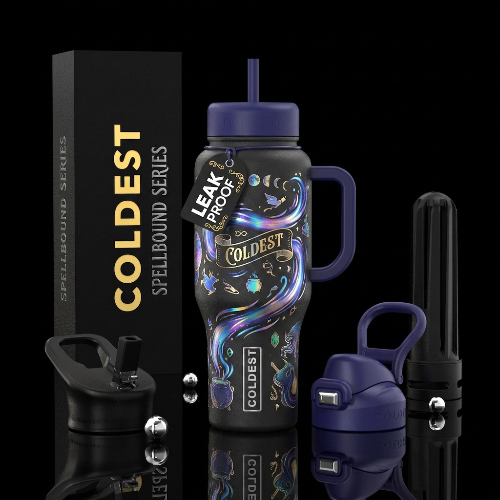 Witchy theme with flying spells, magic water bottle design