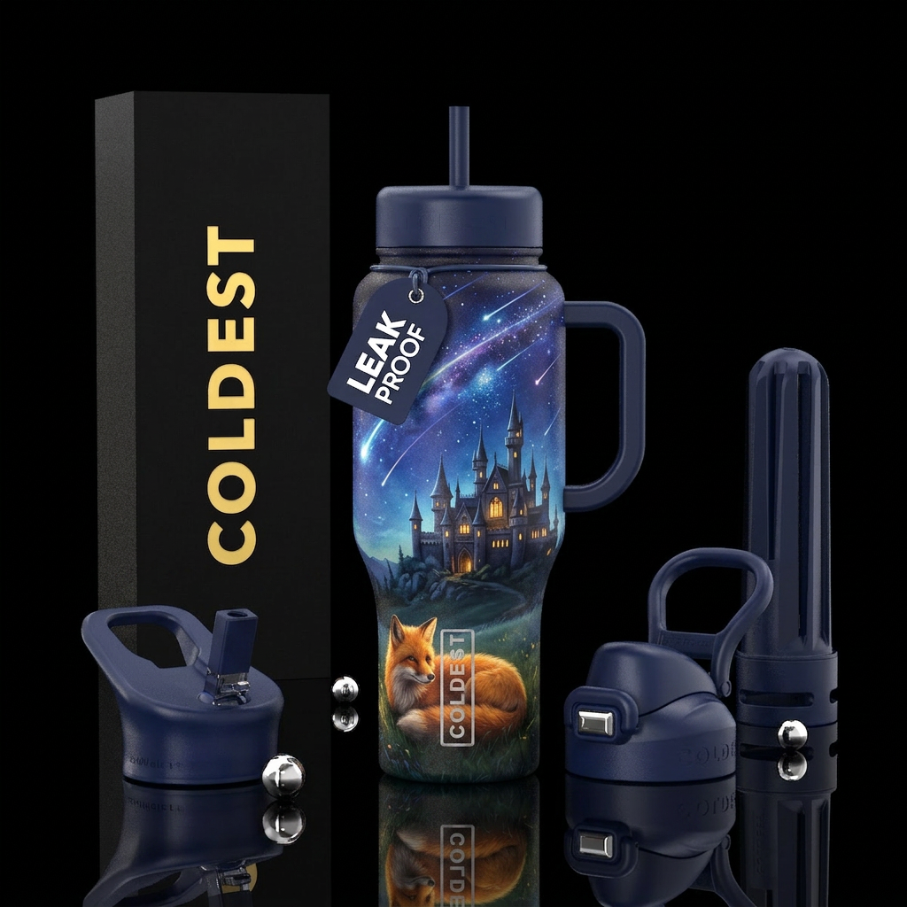 Red fox in the grass surrounded by a castle sittin... water bottle design