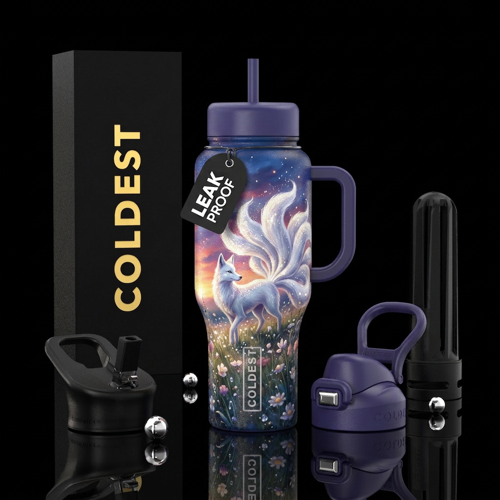 a sparkling white ninetail fox with a blossoming m... water bottle design