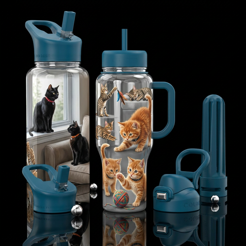 A playful orange kitten, playing with a yarn ball,... water bottle design