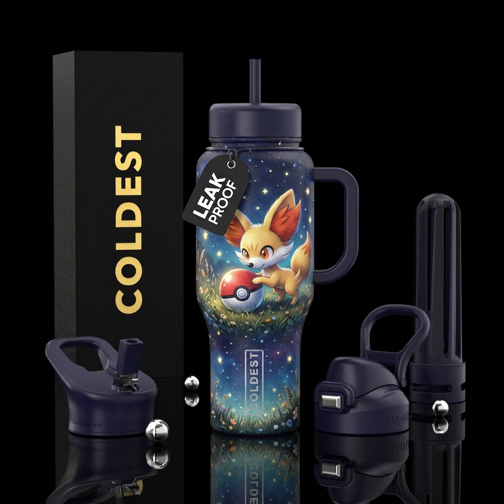 Fennekin playing with a pokeball in a meadow with ... water bottle design