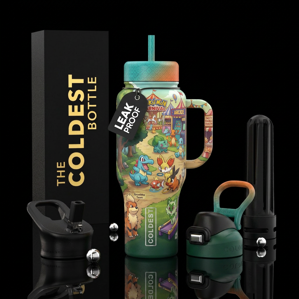 A Pokémon team consisting of a growlithe, a totodi... water bottle design