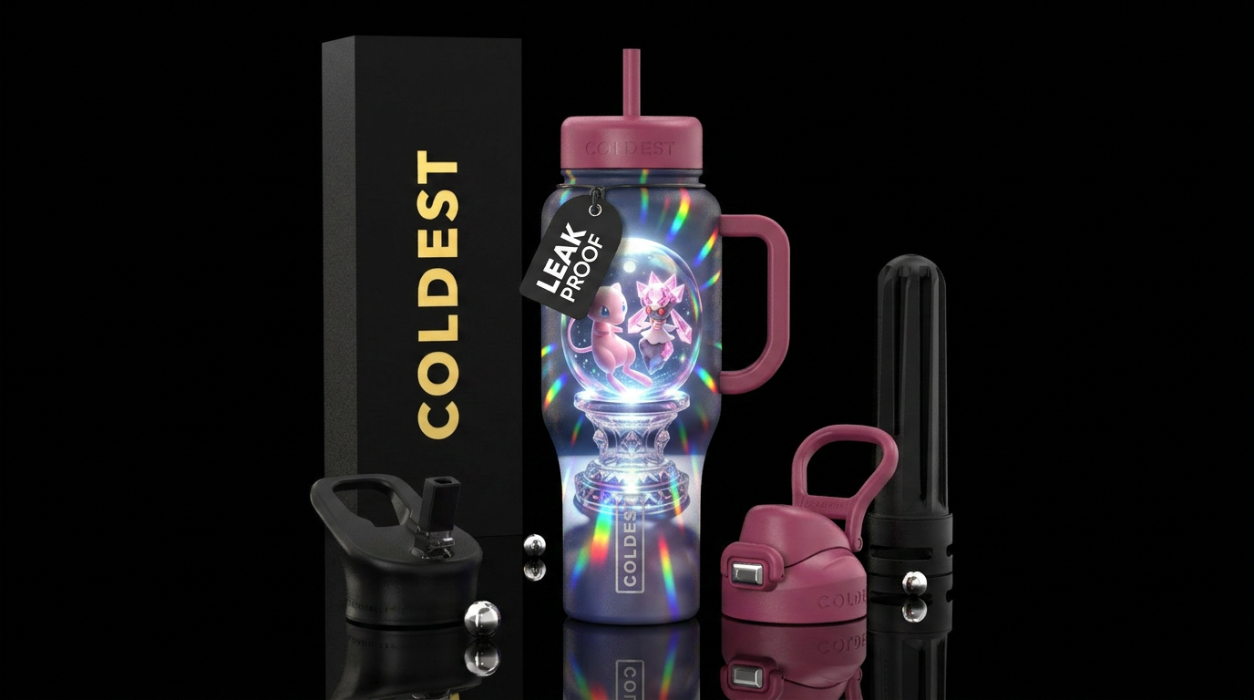 A Pokémon mew with a Diancie in a crystal sphere o... water bottle design