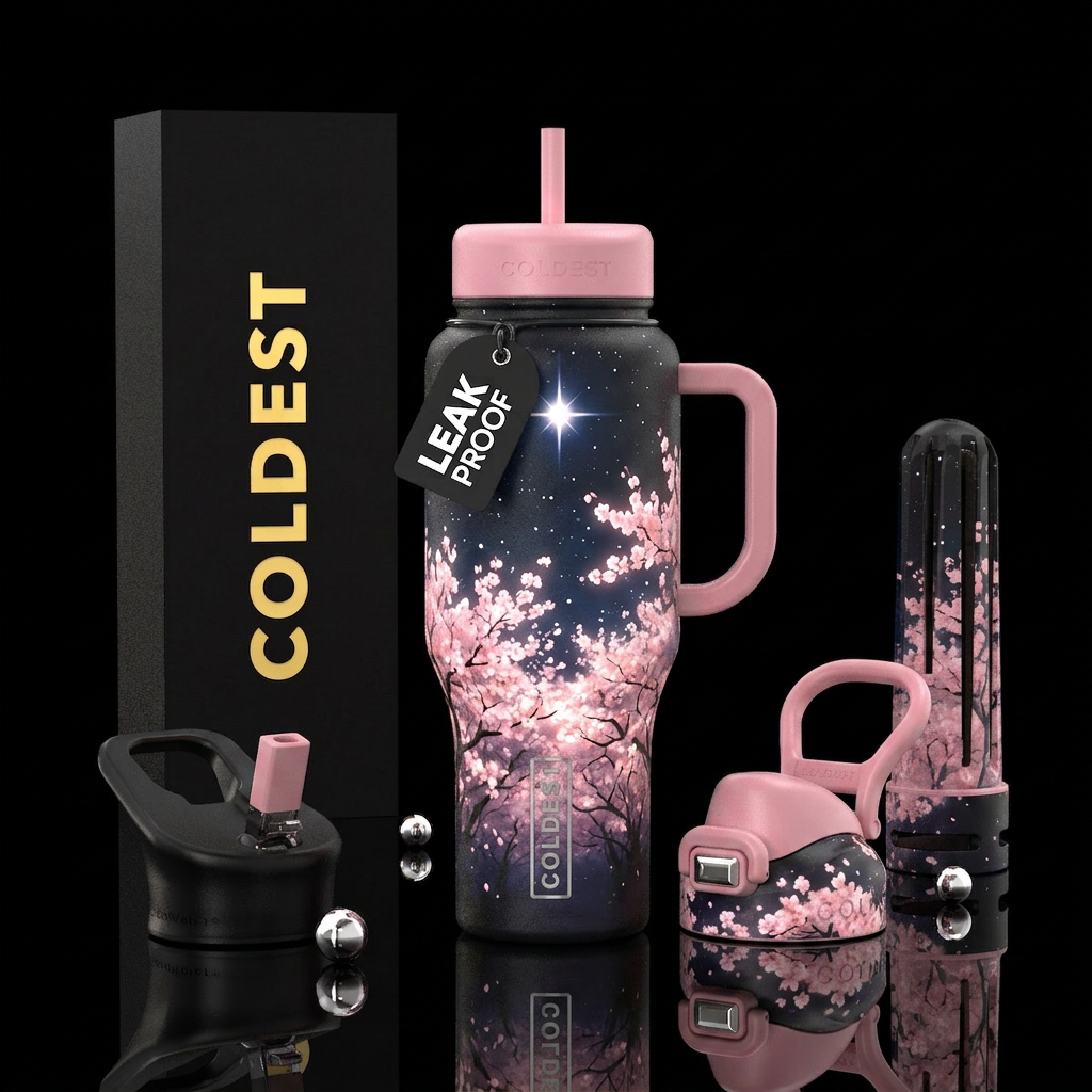 Cherry blossom trees blooming in the night. The pi... water bottle design