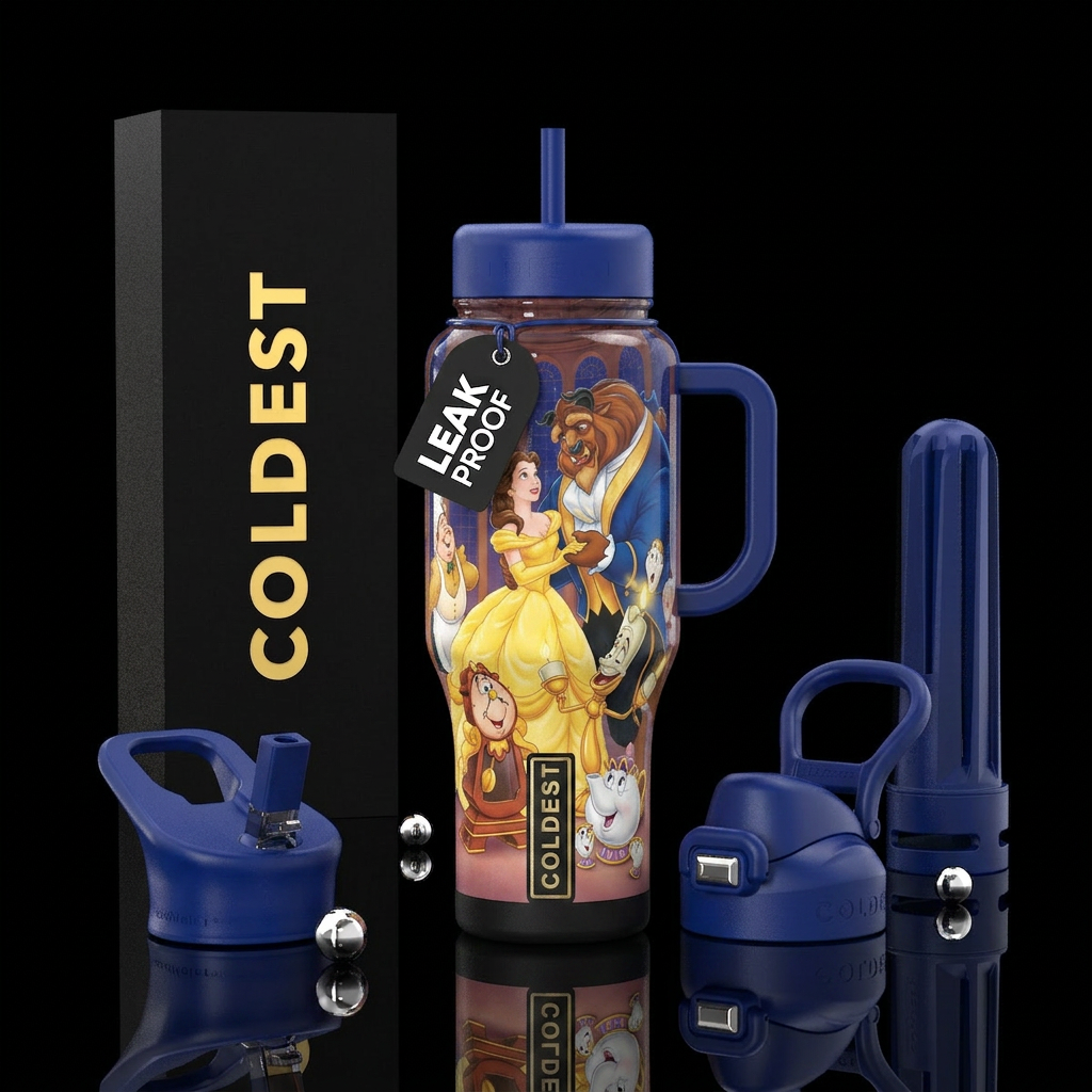 Belle dancing with the beast in a ballroom surroun... water bottle design