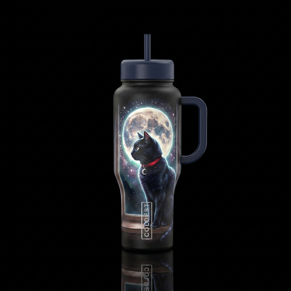 Black cat with a red collar with a dangling moon c... water bottle design