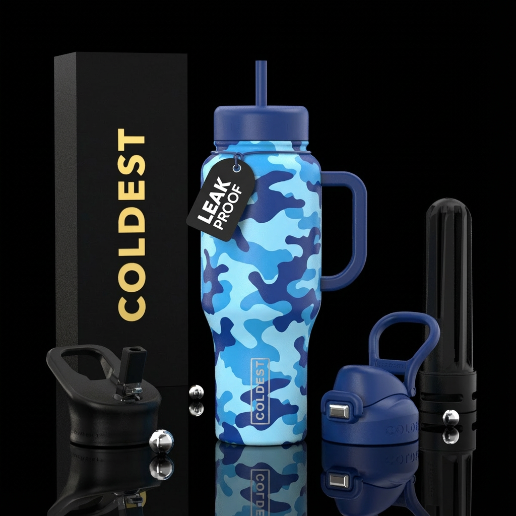 Baby blue, deep blue camo water bottle design