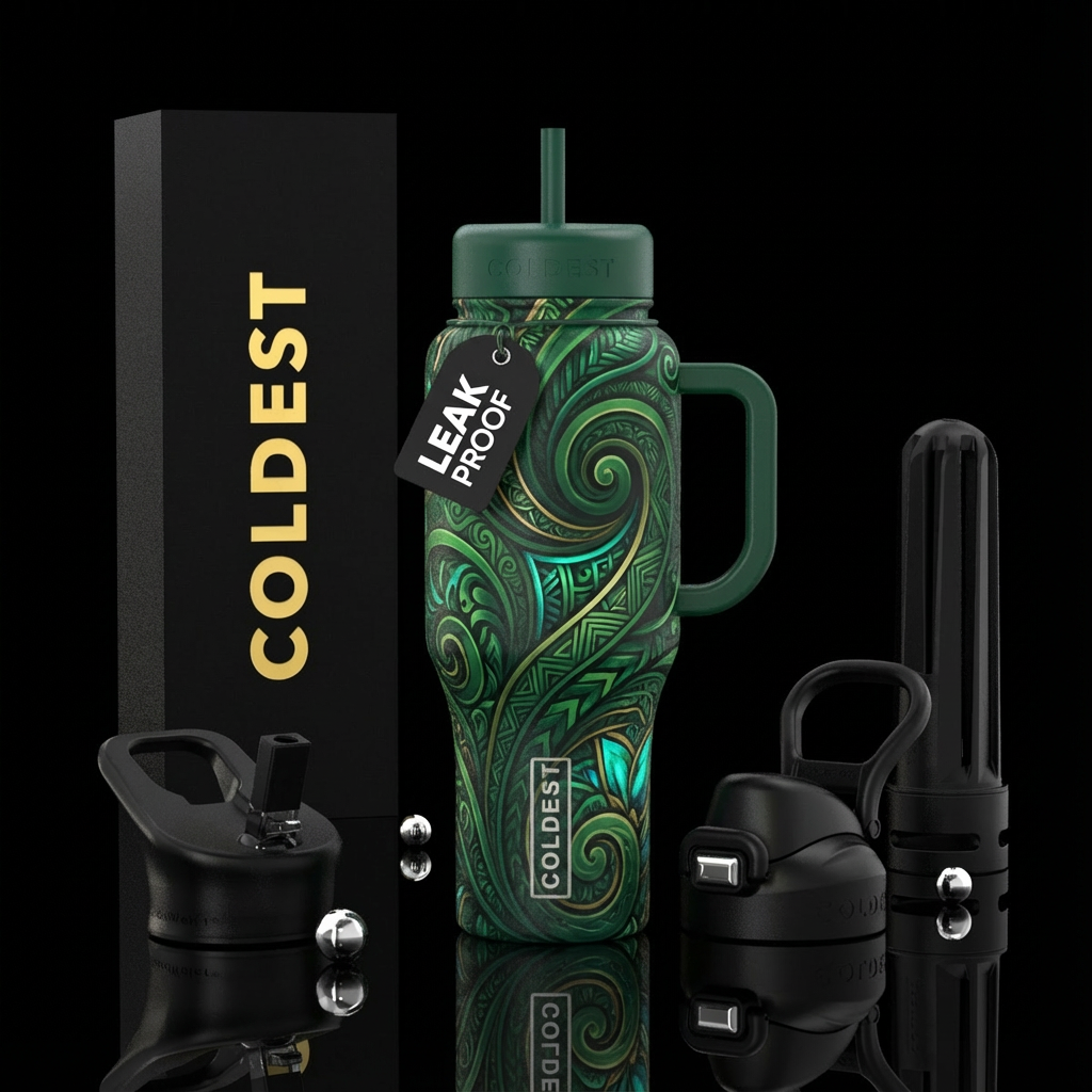 Deep green, complex water bottle design