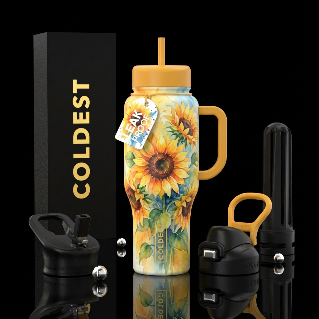 Sunflowers, water colors, beautiul, painted water bottle design