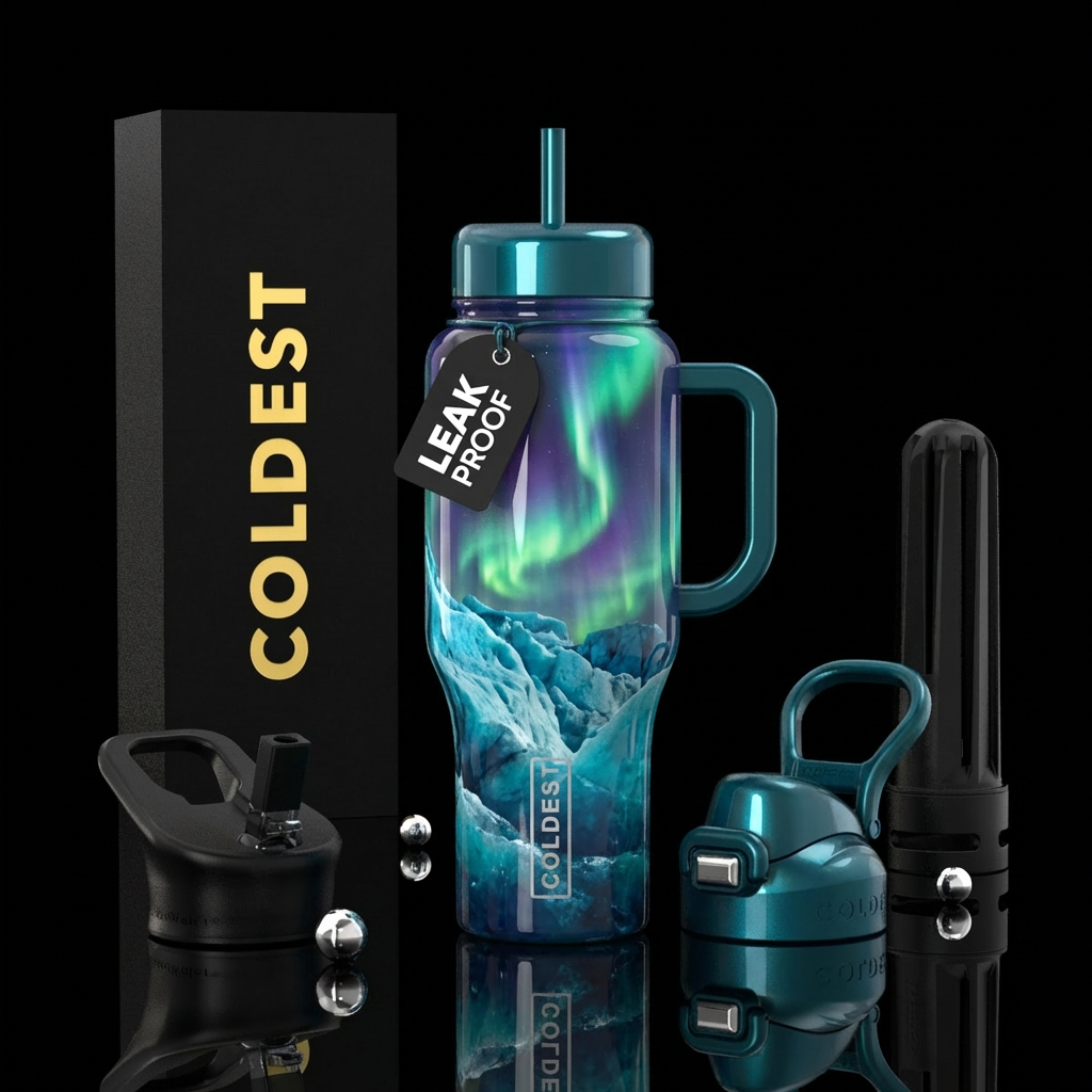 Alaska glaciers, northern lights, realism, shiny, ... water bottle design