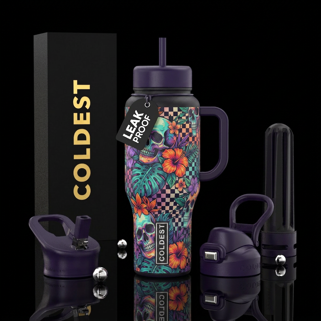 Skulls , floral, checkered water bottle design