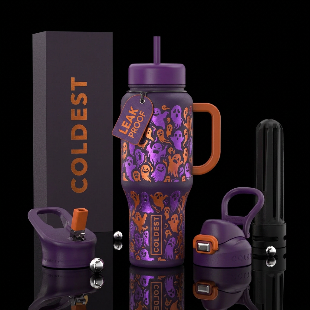 Halloween gouls, purple , orange, water bottle design