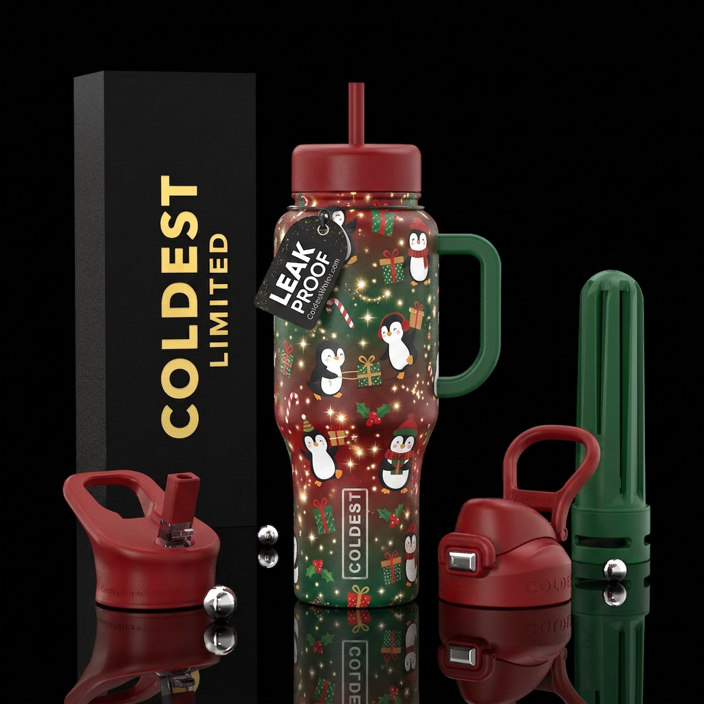 Penguin, gifts, light twinkles, red and green water bottle design