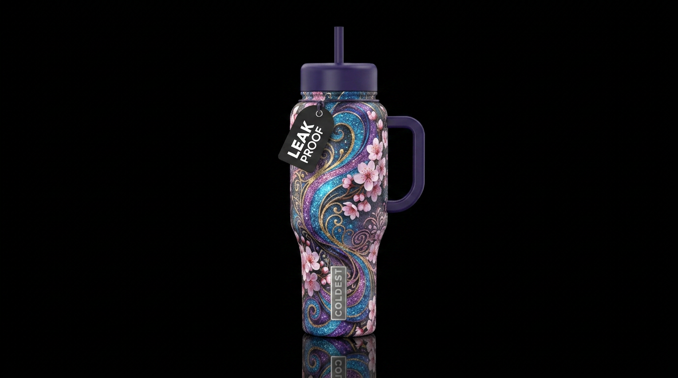 Swirls, glitter, cherry blossom, fantasy water bottle design