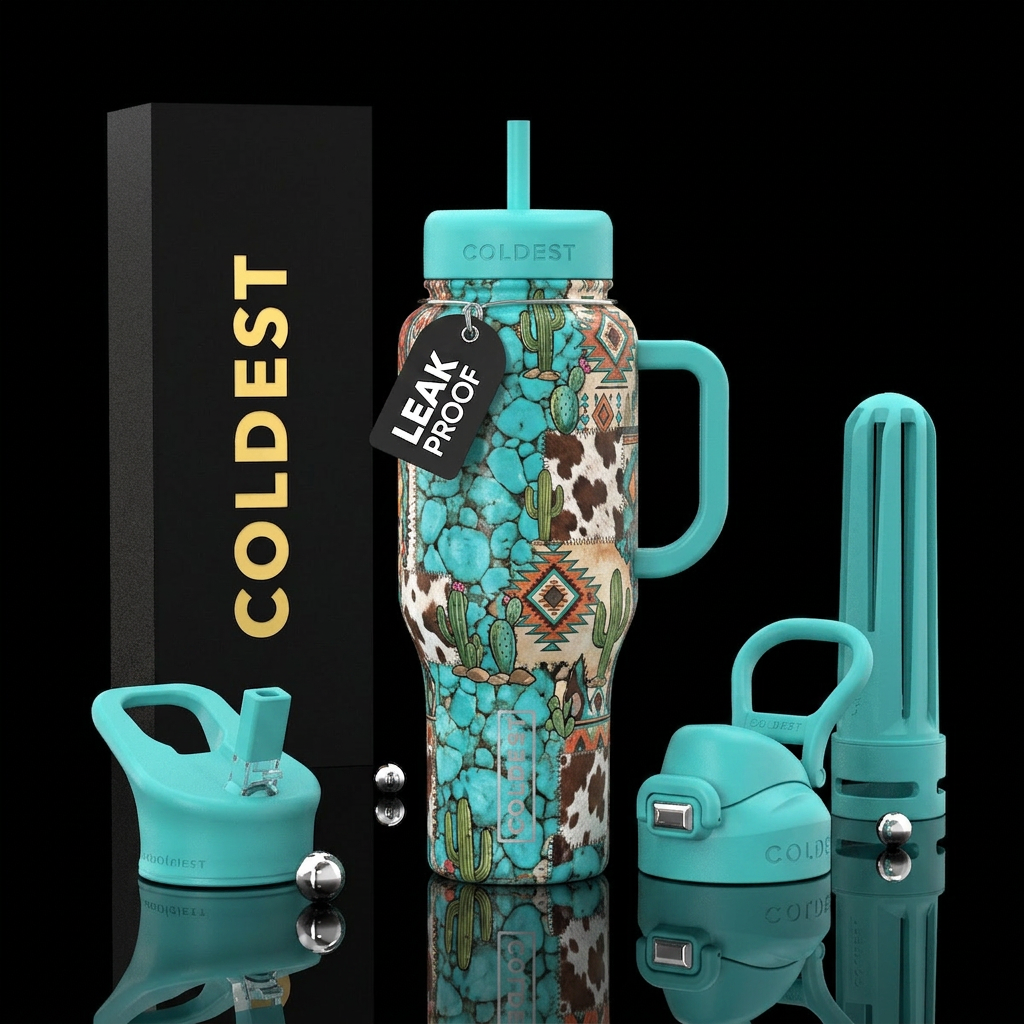 Natural Turquoise, Boho pop, cacti, Aztec, Cow, fu... water bottle design