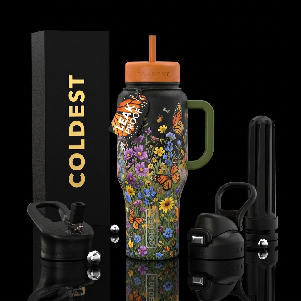 colorful, monarch fields, bold, fun water bottle design