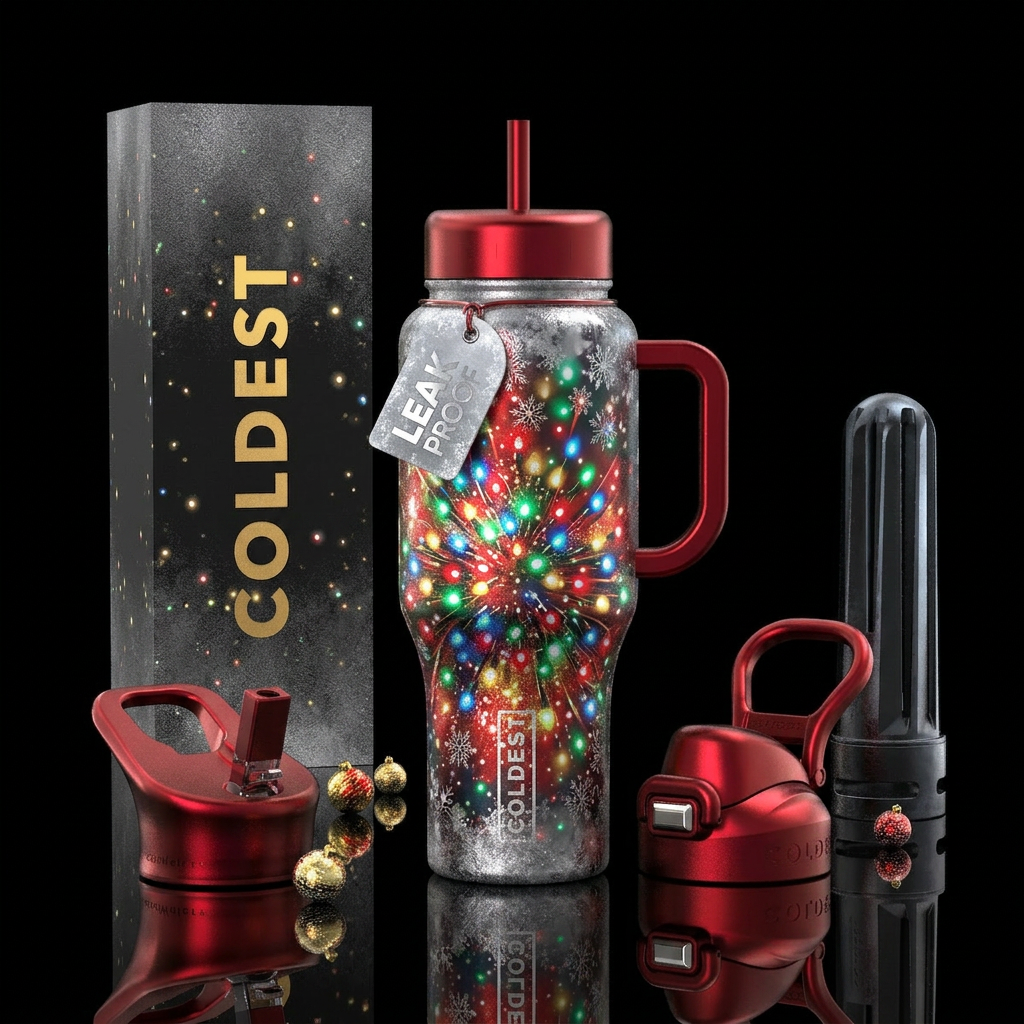 Snowstorm, metallic, burst of Christmas lights water bottle design