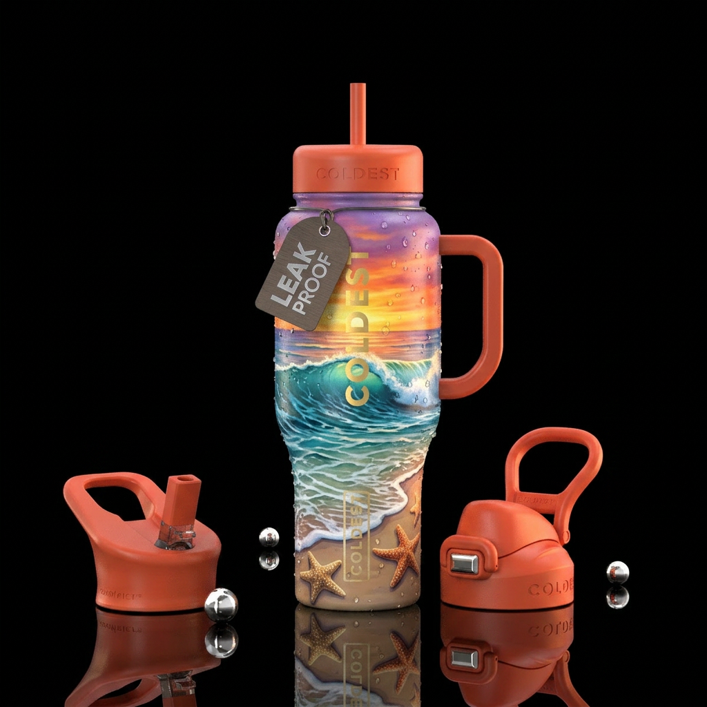 the ocean water rolling to shore, star fish, sunse... water bottle design
