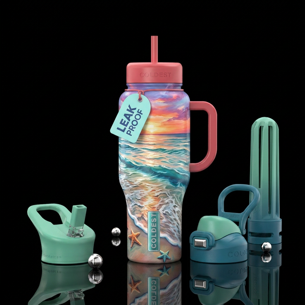 the ocean water rolling to shore, star fish, sunse... water bottle design