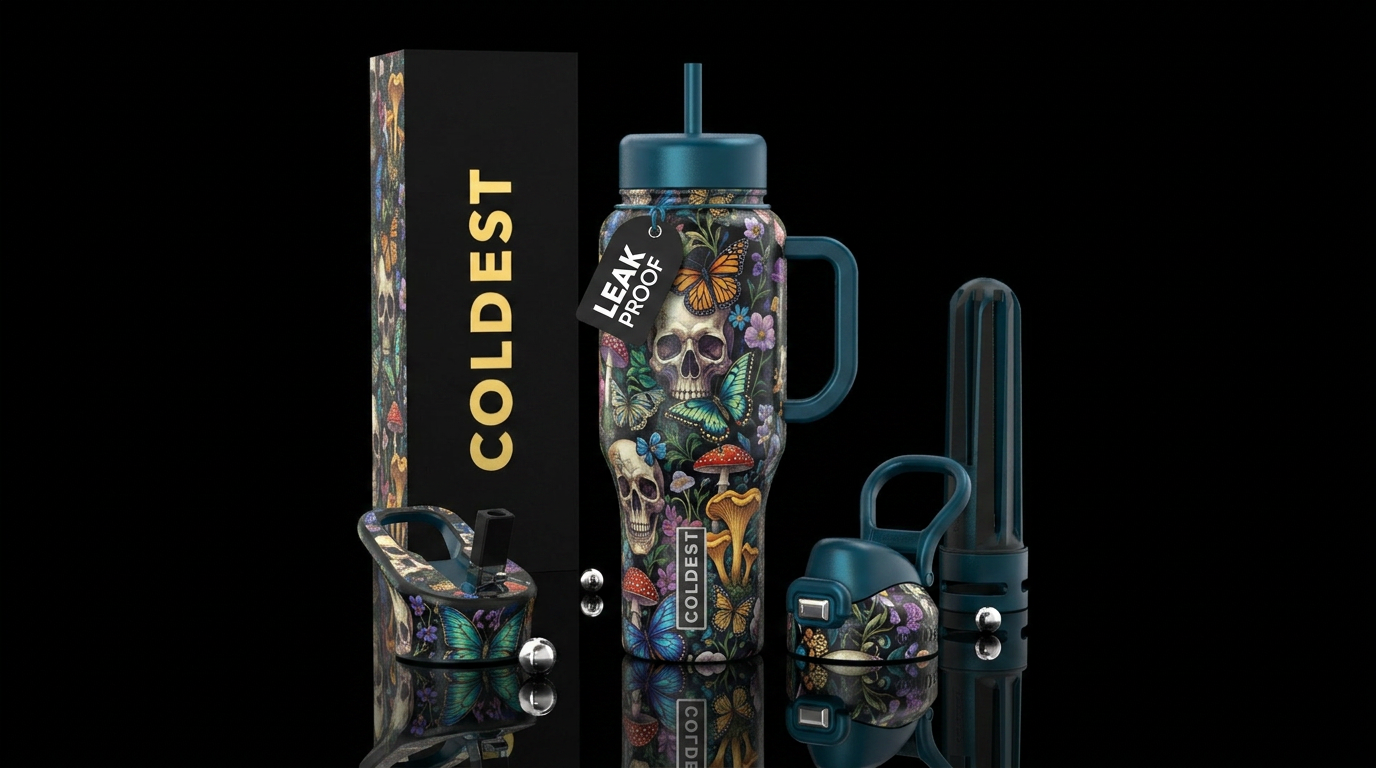 Skulls, butterfly's, flowers, mushrooms, whimsical... water bottle design