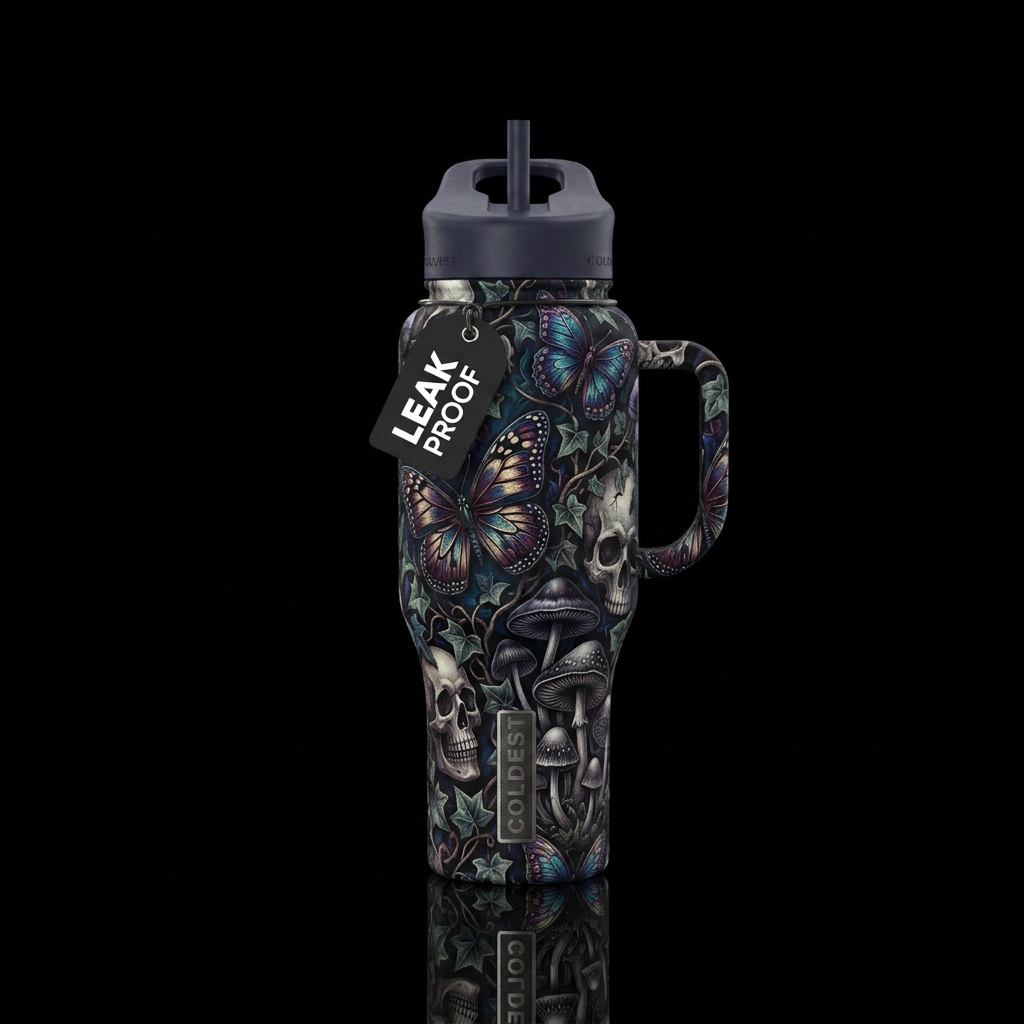 Dark and mysterious, butterfly's,skulls, mushrooms... water bottle design