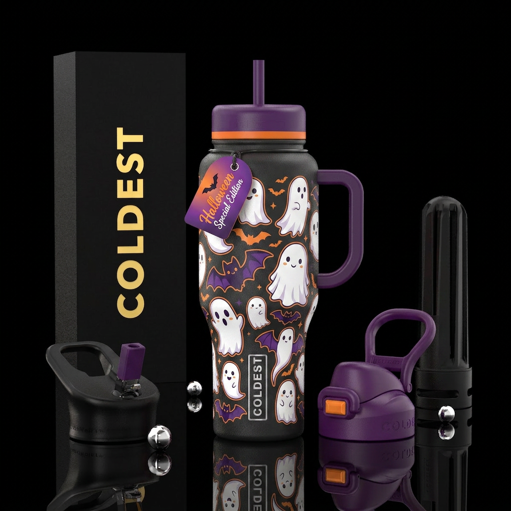Bats and cute ghost fun for Halloween water bottle design