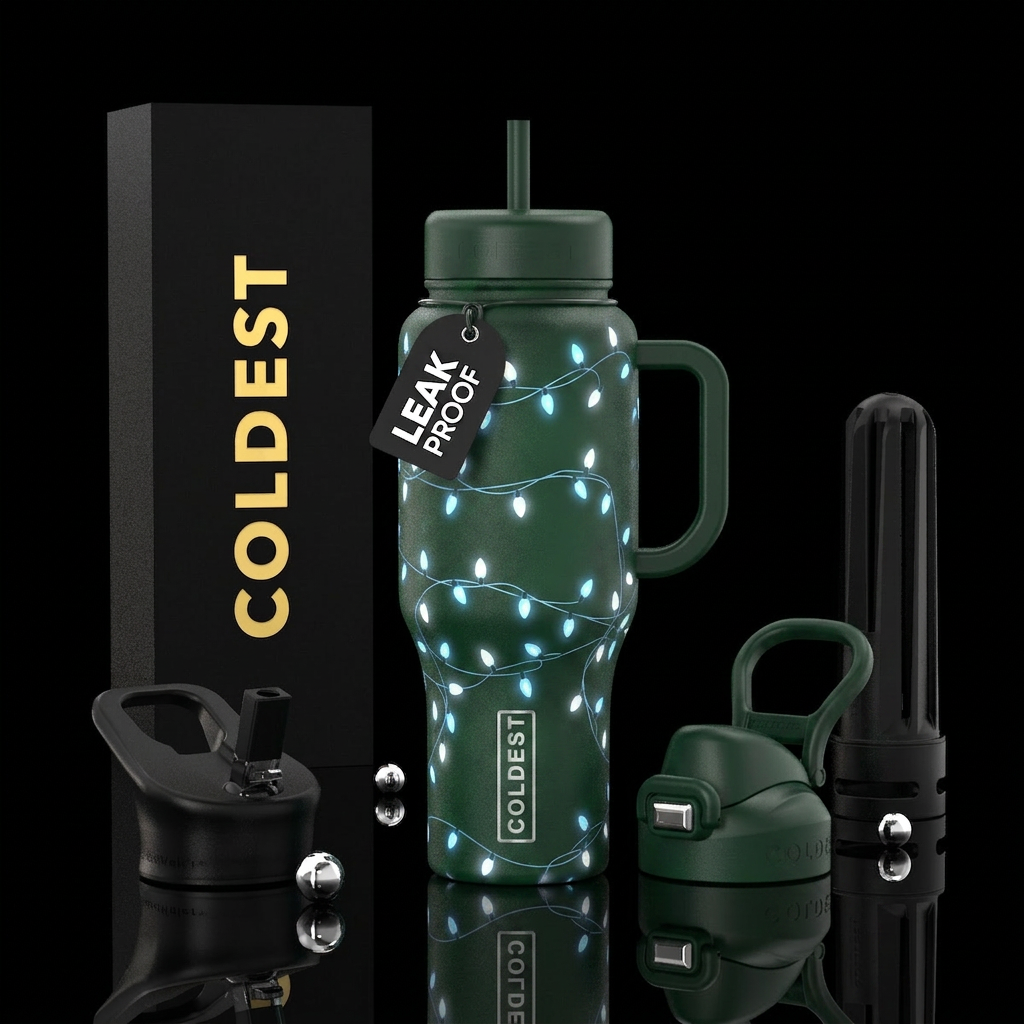 moonlight Christmas lights on dark green water bottle design