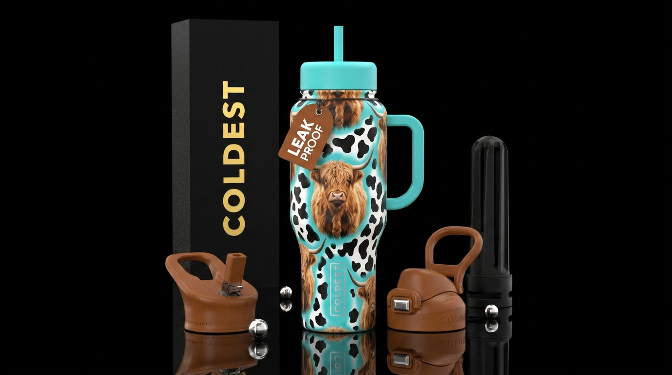 highland cows, turquoise, cow prints water bottle design