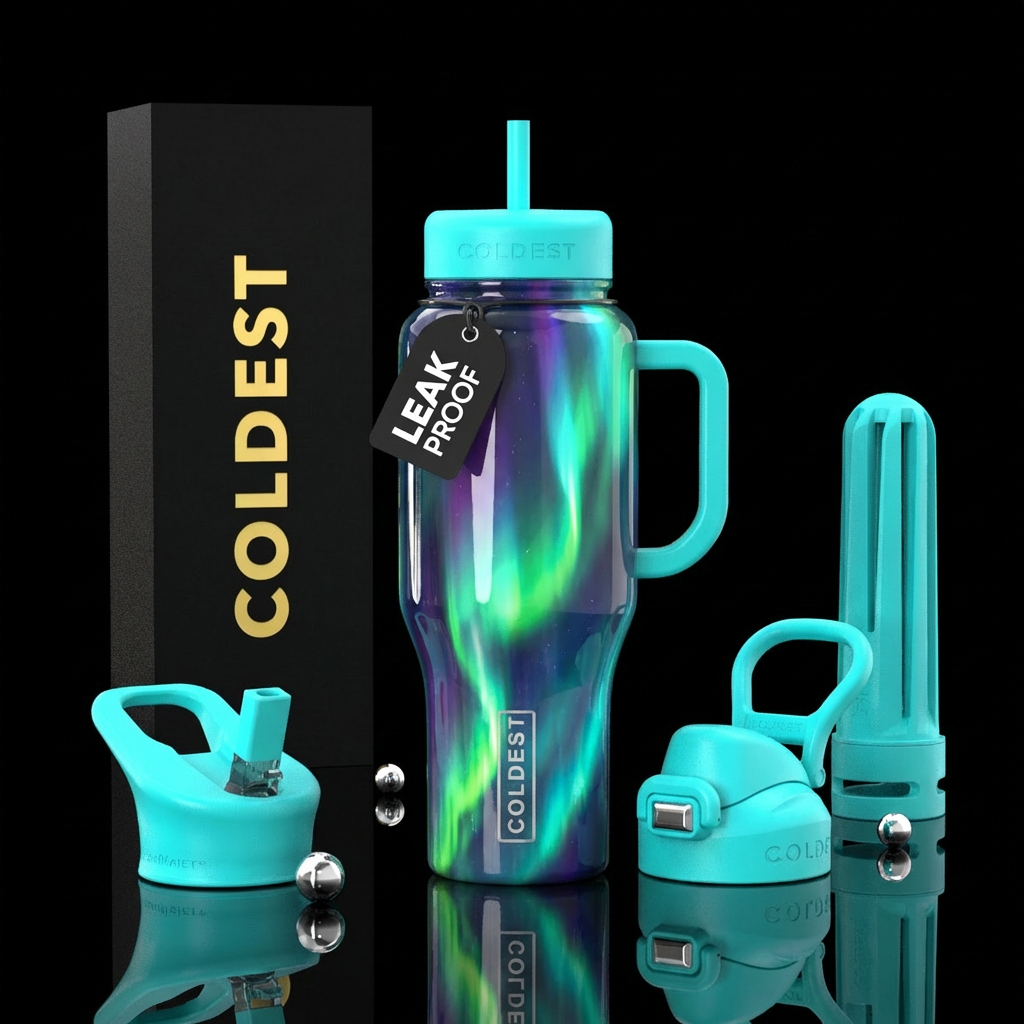 shiny, northern lights water bottle design