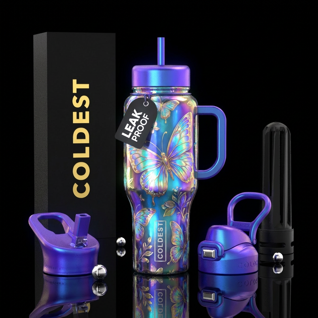 glowie, shiny, whimsical, butterfly, irridescent water bottle design