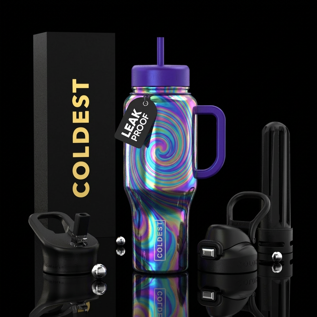 shiny, whimsical, spirals, irridescent water bottle design