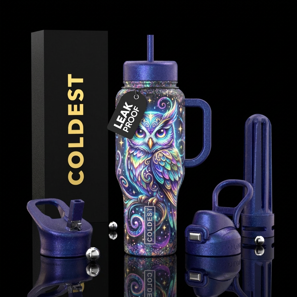 Owl, shiny, sparkly, magical, whimsical water bottle design