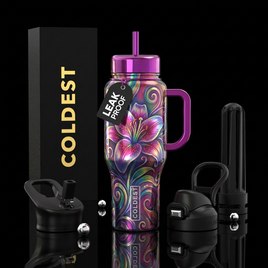 Star gazer lily, shiny, whimsical, swirls, irrides... water bottle design