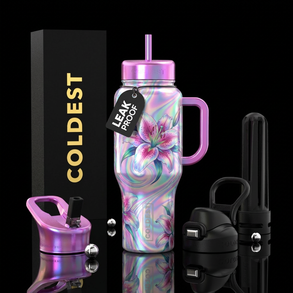 Star gazer lily, shiny, whimsical, swirls, irrides... water bottle design