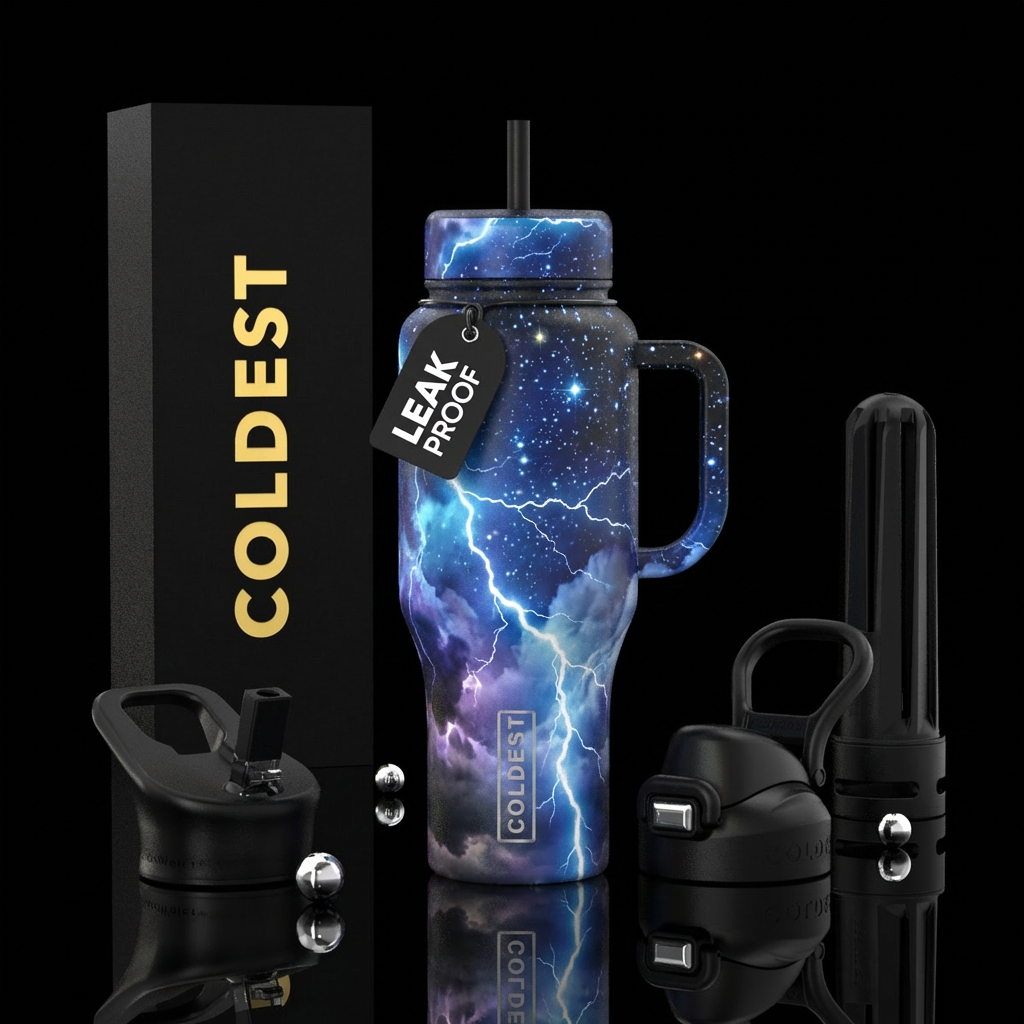Lightning storm, night, starry,, clouds, realism water bottle design
